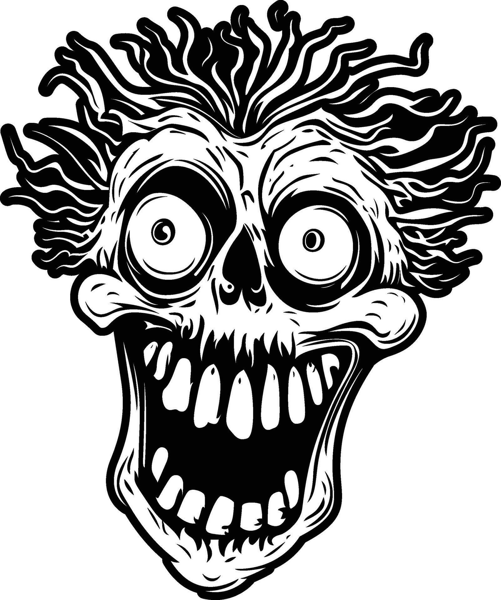 Black and white wild-haired skull illustration in memory of Crazy